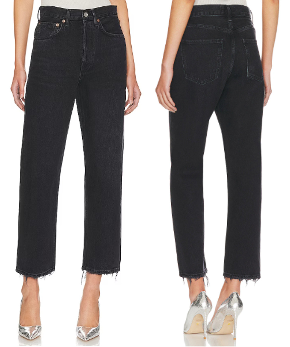 Agolde 90's High Waisted Frayed Hem Straight Leg Cropped Jeans Tar Womens 25